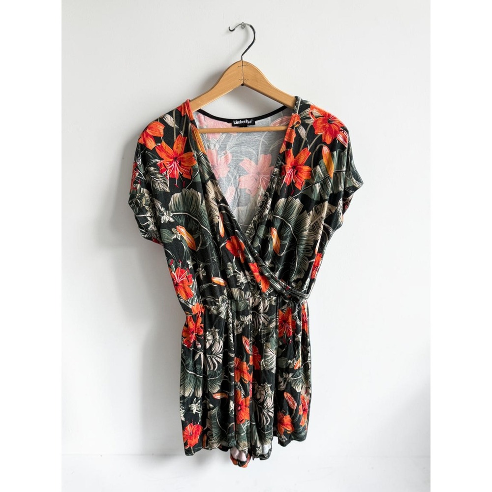 Kimberly C Tropical Floral Romper Womens Large Black Hibiscus Palm Print V-Neck